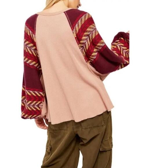 Free People S Rainbow Dreams Batwing Sleeve Knit Sweater mauve red woven 0552 - Picture 2 of 12